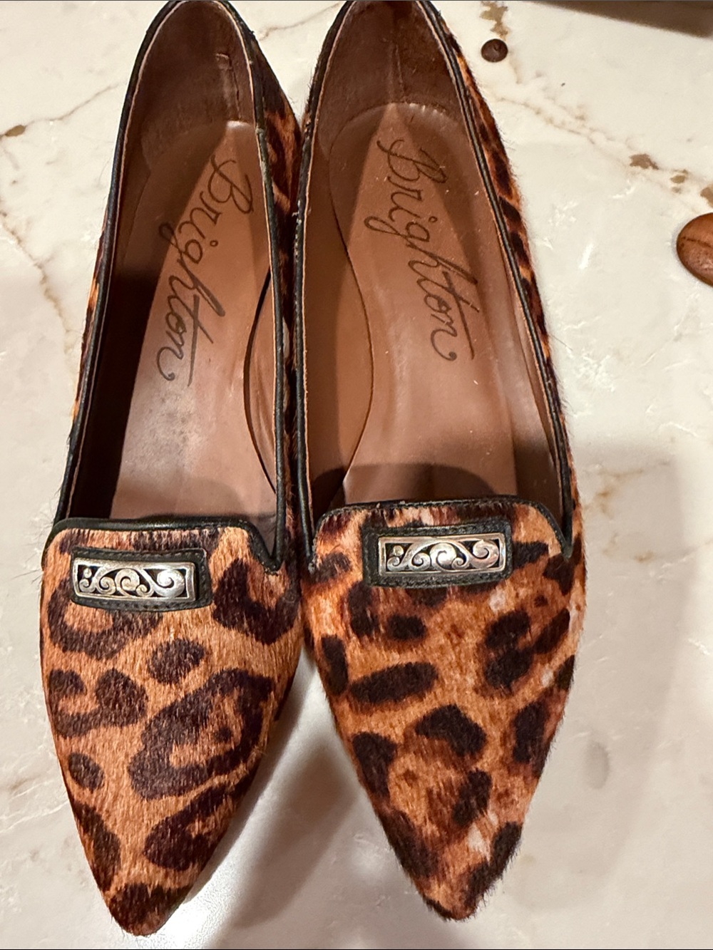Brighton Leopard-Print Pointed Flats with Metal Accent - Brown/Black